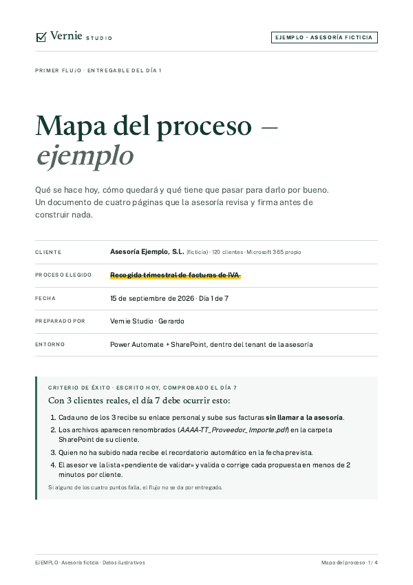 Portada del documento de ejemplo «Mapa del proceso», con el logotipo de Vernie Studio